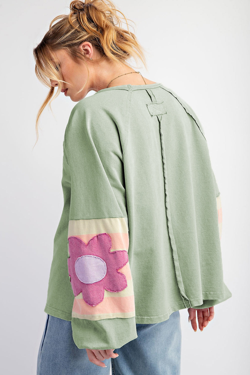 Zeil blauwe bloem patchwork raglan mouw blootgestelde naad oversized top