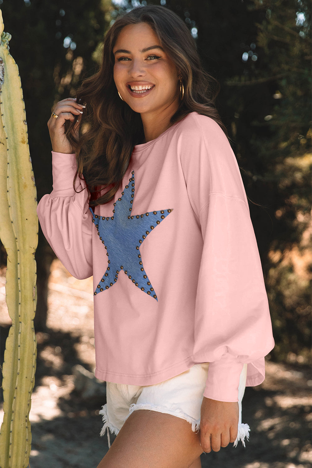 Gossamer Pink Studded Star Grafisch oversized top met lange mouwen