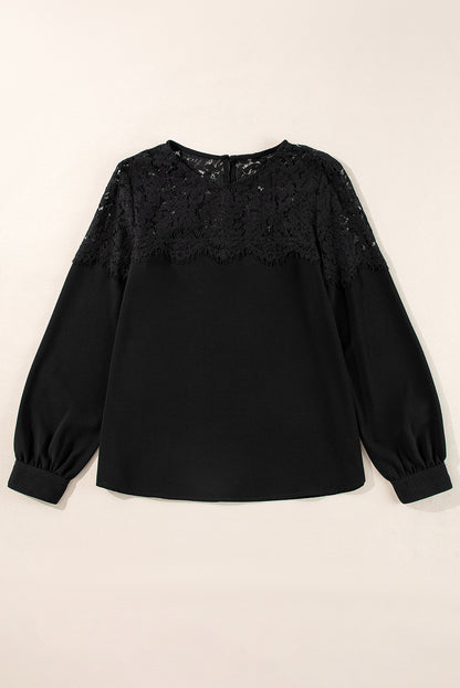 Black Lace Crochet Patchwork O Neck Long Sleeve Top