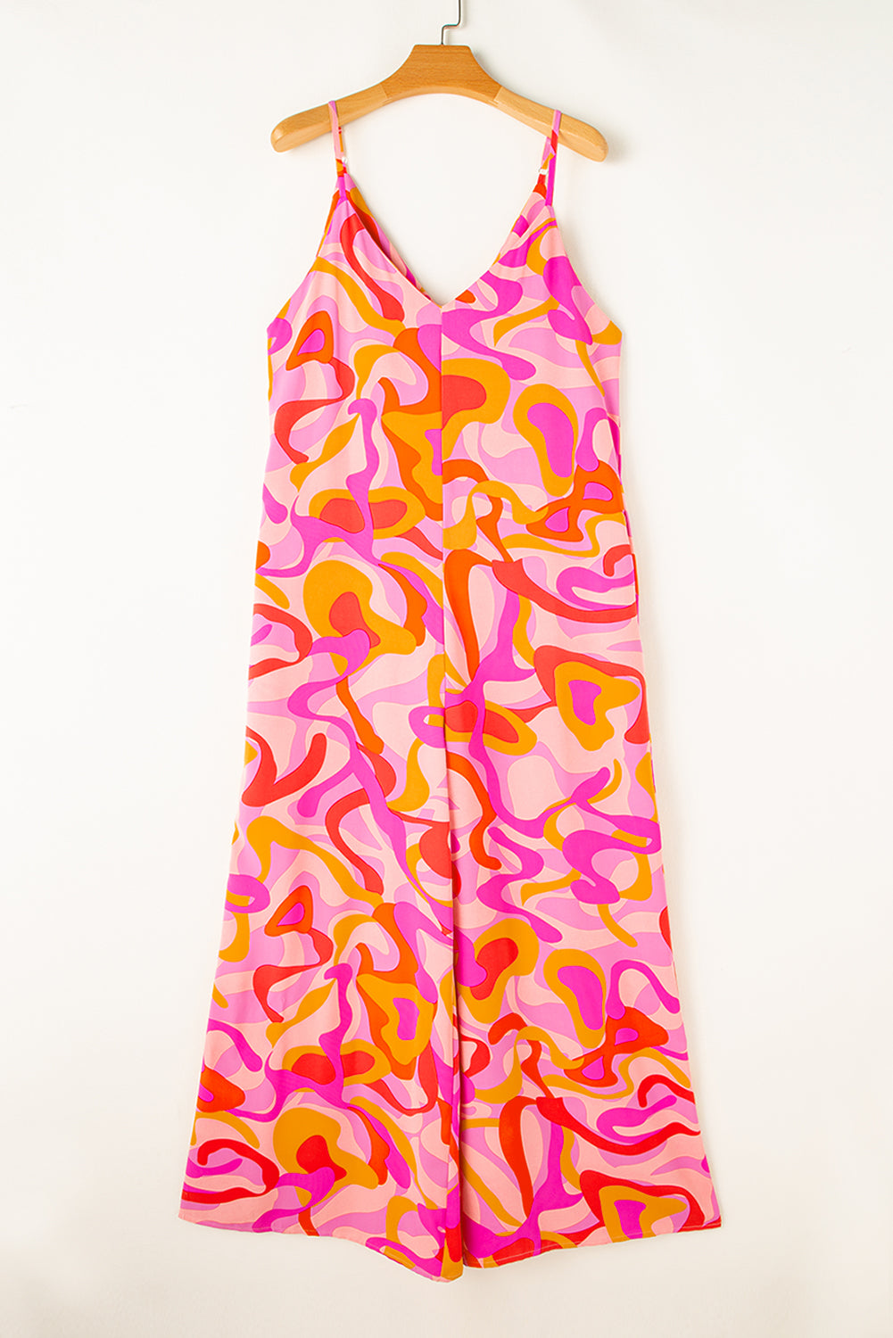 Roze Boho abstracte print V-hals jumpsuit met wijde pijpen