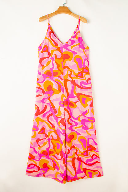 Roze Boho abstracte print V-hals jumpsuit met wijde pijpen