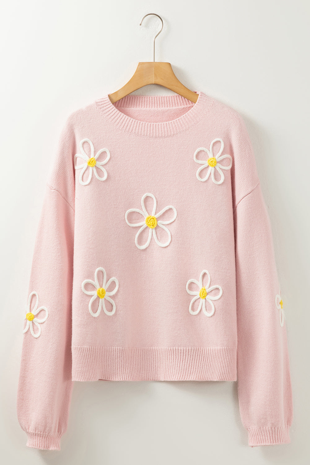 Pink Chenille Daisy Stitching Crew Neck Sweater