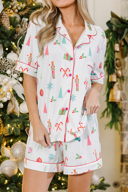 Witte kerstdruk shirt met korte mouwen en shorts pyjama set