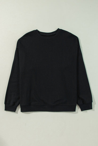 Black Solid Crew Neck Drop Shoulder Plus Siatshirt