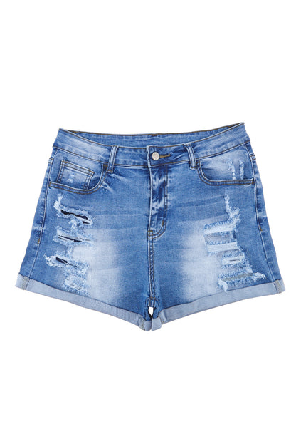 Hemelsblauwe vintage noodlijdende denim shorts met hoge taille en zakken