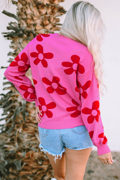 Rose Big Flower Knit Ribbed Trim Sweater