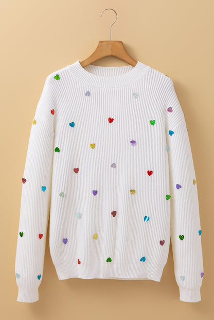 Beige Sequin Heart Shape Waffle Knit Round Neck Sweater