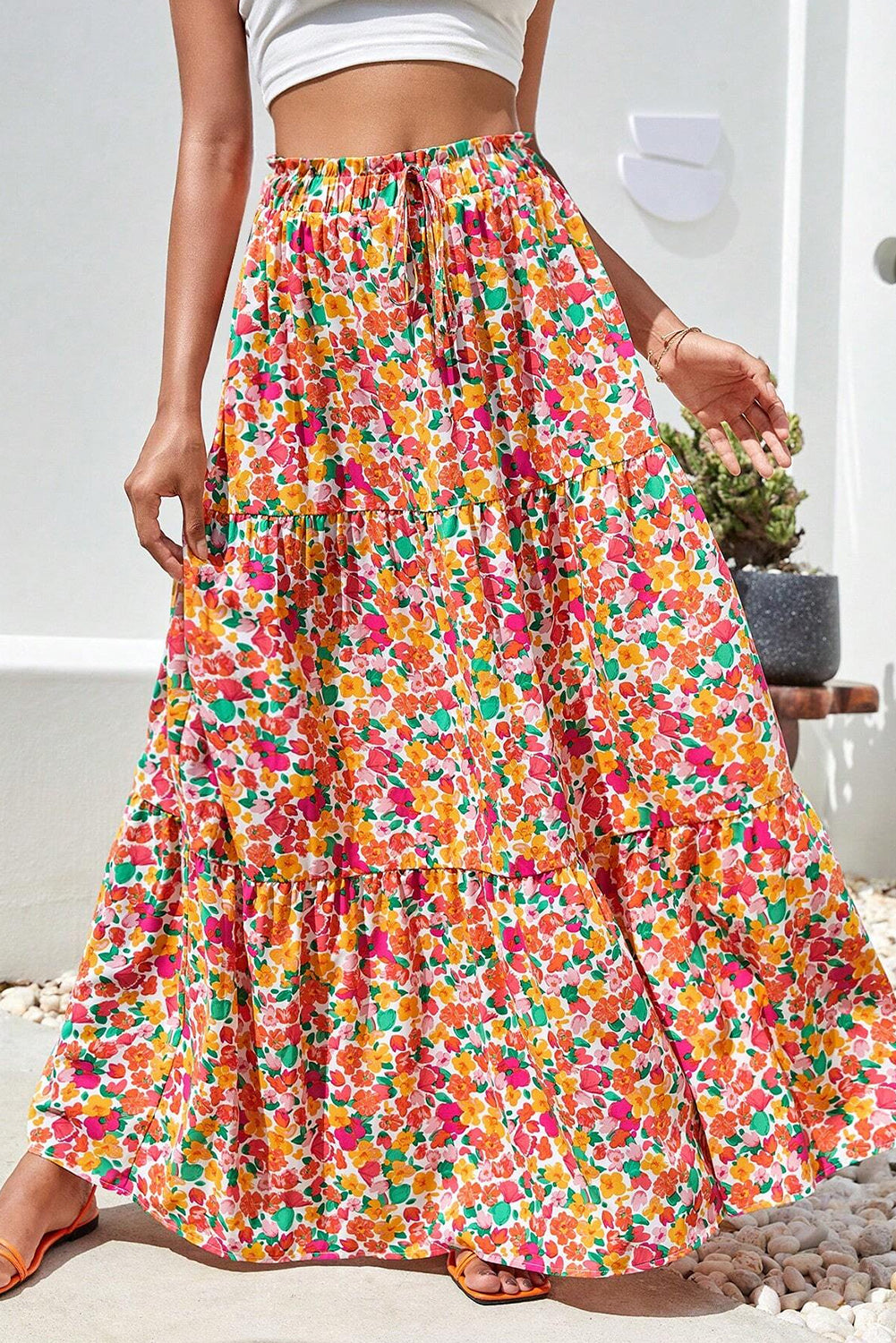 Gele Boho bloemenprint gelaagde lange rok