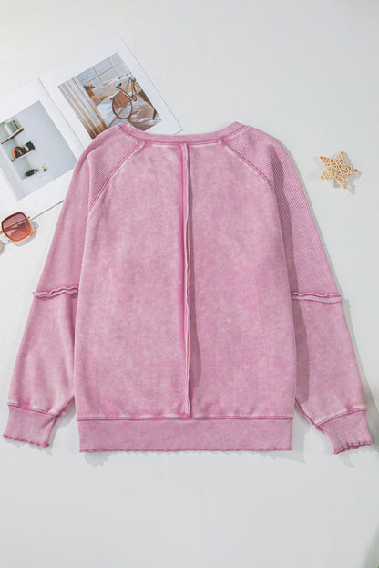 Pink Solid Waffle Knit Patchwork Raglan Sleeve Sweatshirt