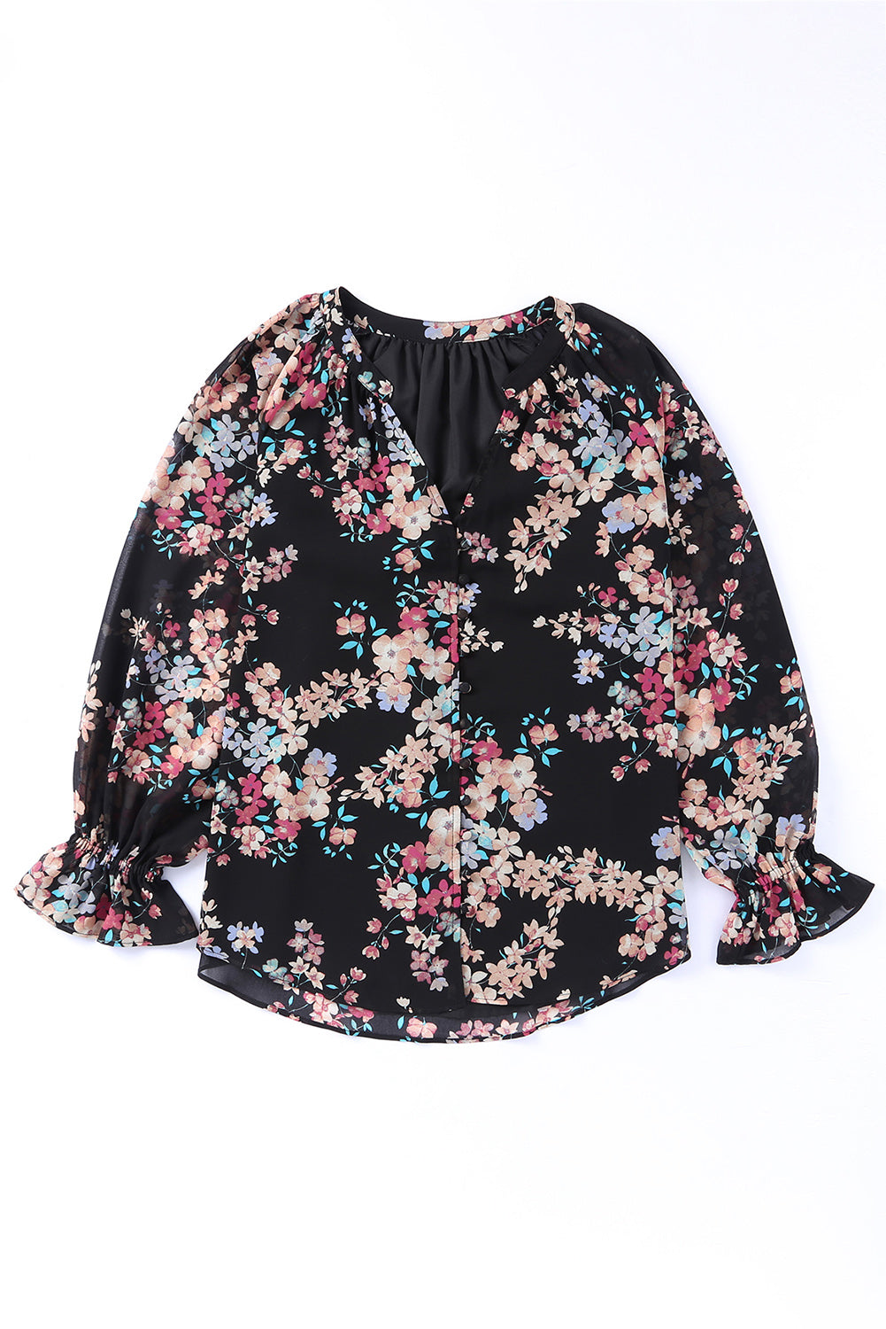 Zwarte chiffon blouse met wilde bloemenprint