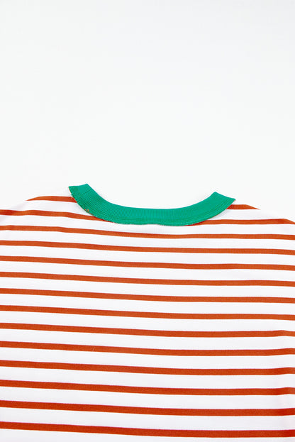 Orange Stripe Oversized Contrast Trim Exposed Seam High Low T Shirt