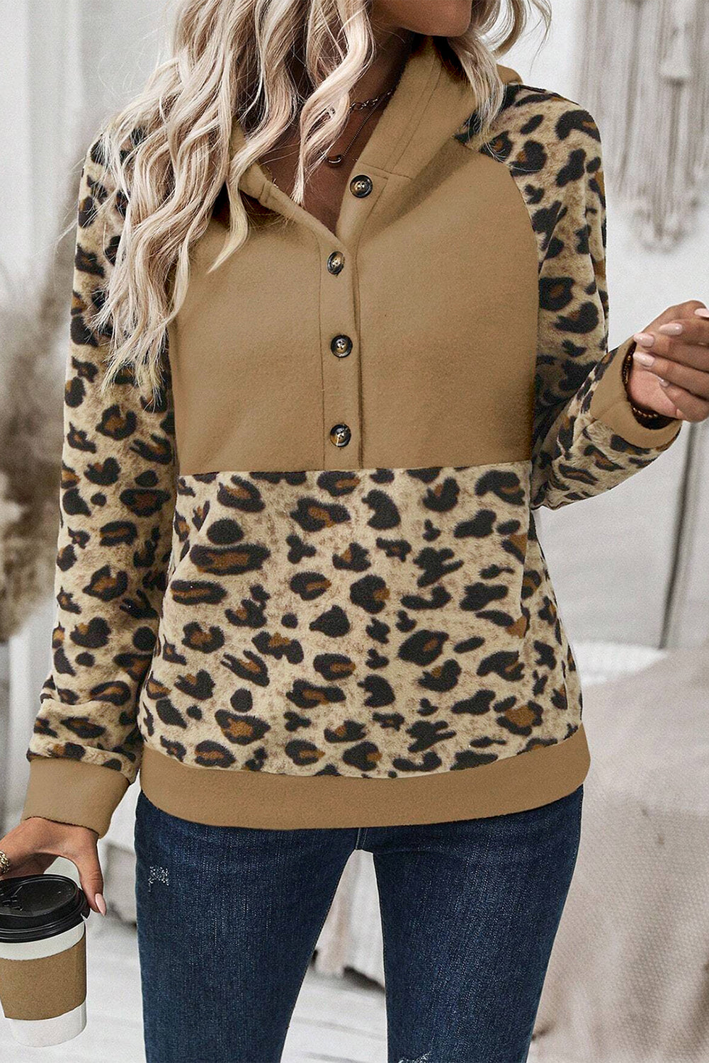 Licht Franse beige luipaardprint patchwork raglan mouw halve knoppen hoodie