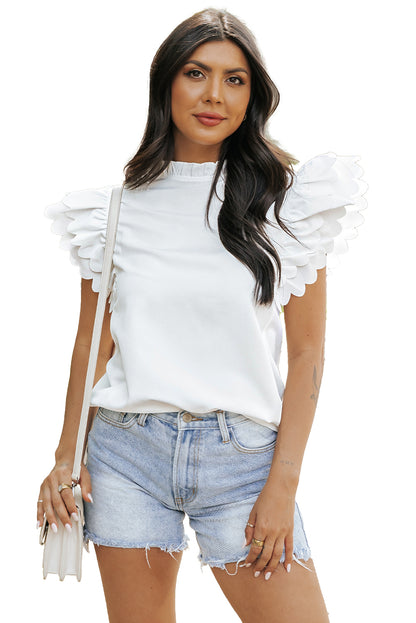 White Solid Color Scalloped Ruffle Sleeve Top