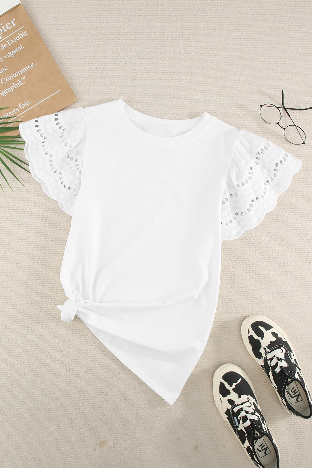 White Hollow Out Ruffle Sleeve T-shirt