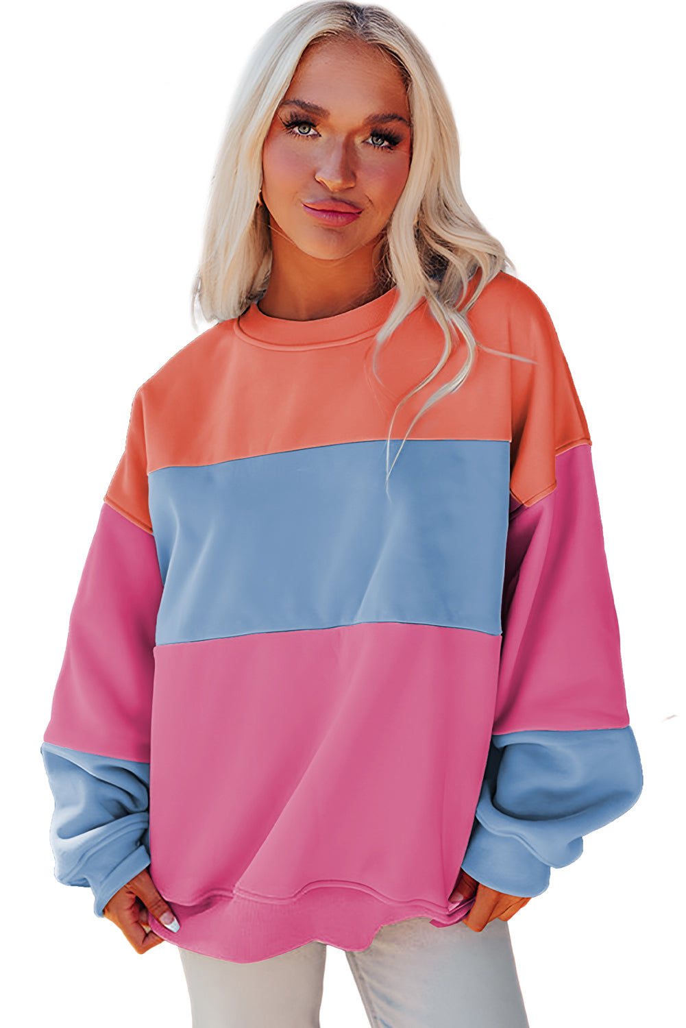 Sky Blue Colorblock Patchwork Drop Shoulder Sweatshirt