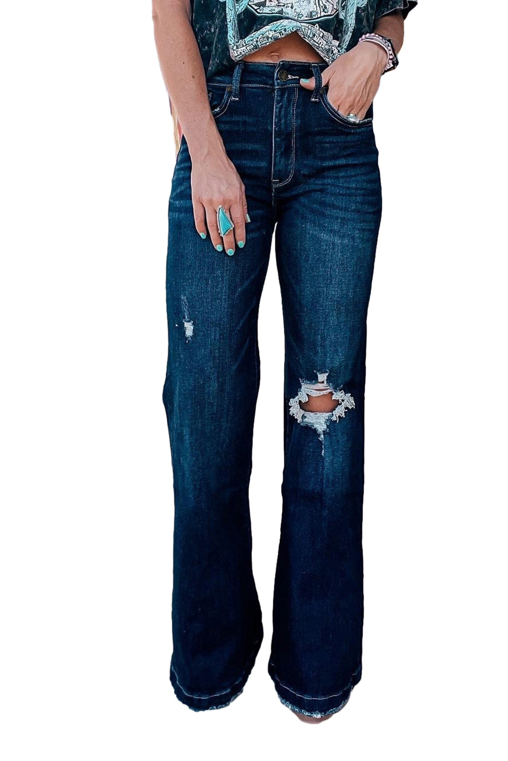 Echte blauwgroene jeans met hoge taille en gescheurde bell bottom