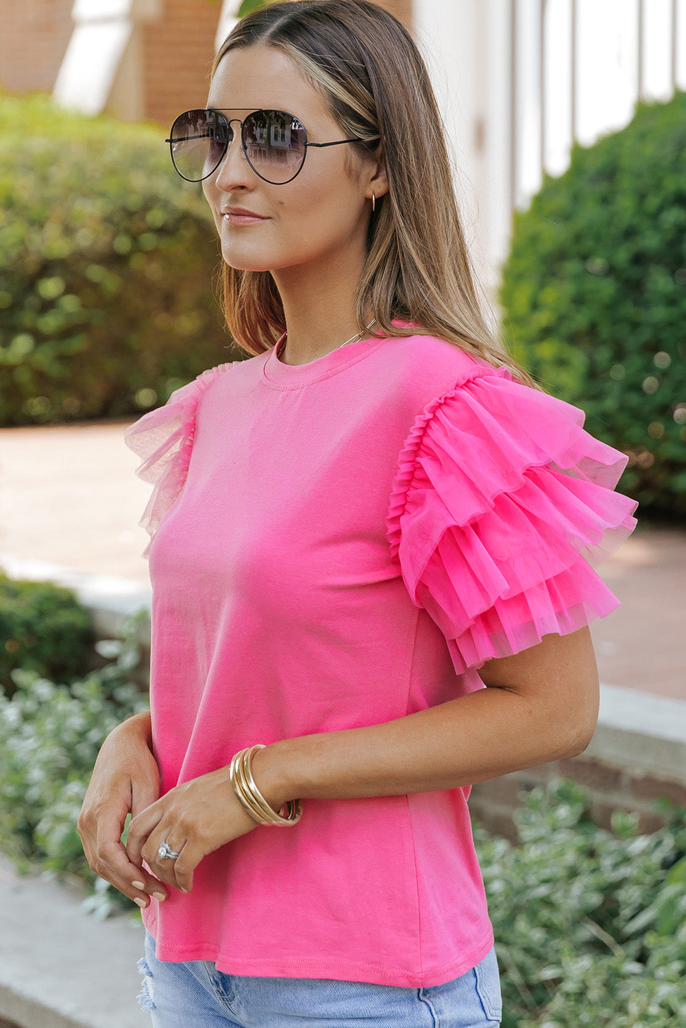 Roze tule blouse met ruches aan de mouwen