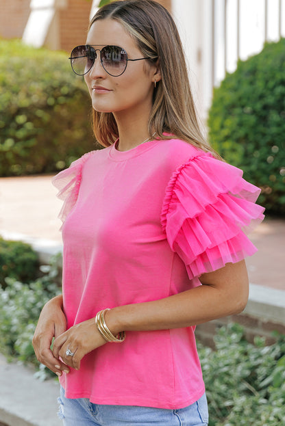 Roze tule blouse met ruches aan de mouwen