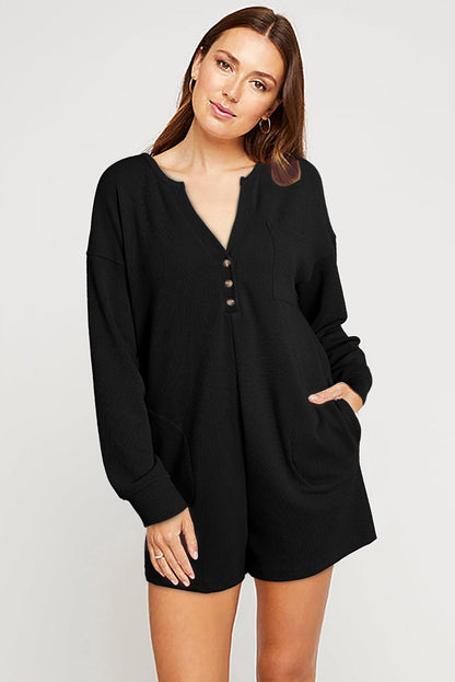 Black Brushed Ribbed Button Split V Neck Long Sleeve Romper