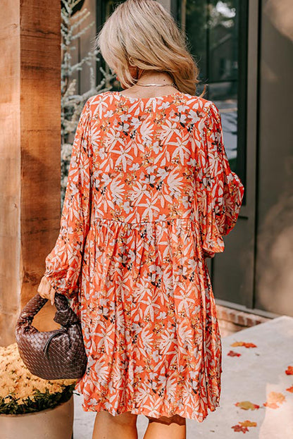 Orange Floral Print Split V Neck Bubble Sleeve Plus Size Midi Dress