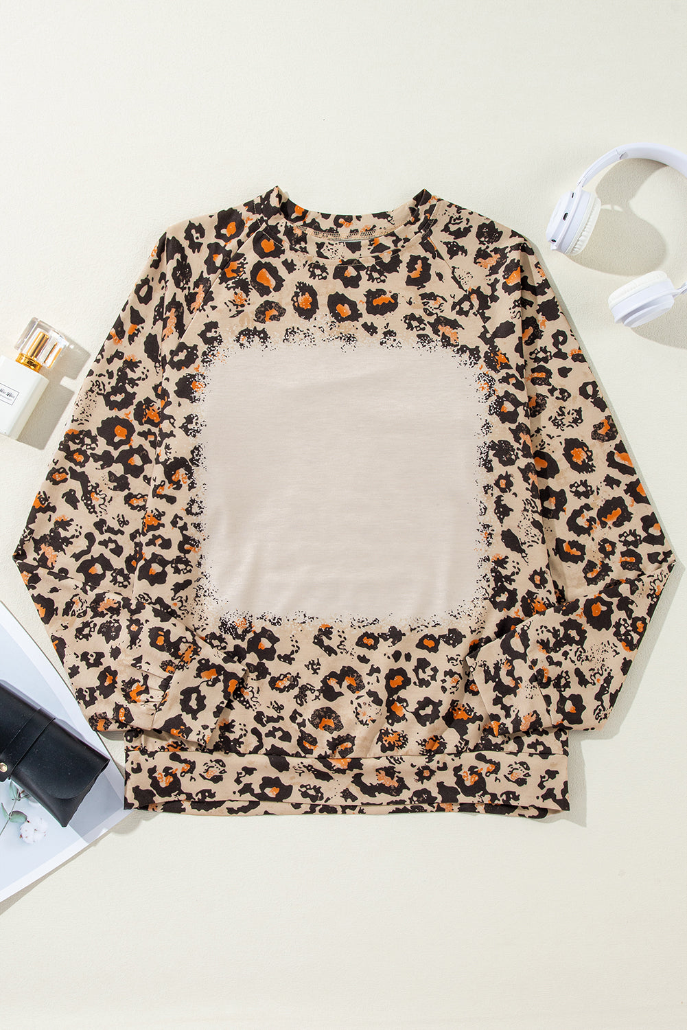 Brown Leopard Bleached Raglan Sleeve Pullover Sweatshirt