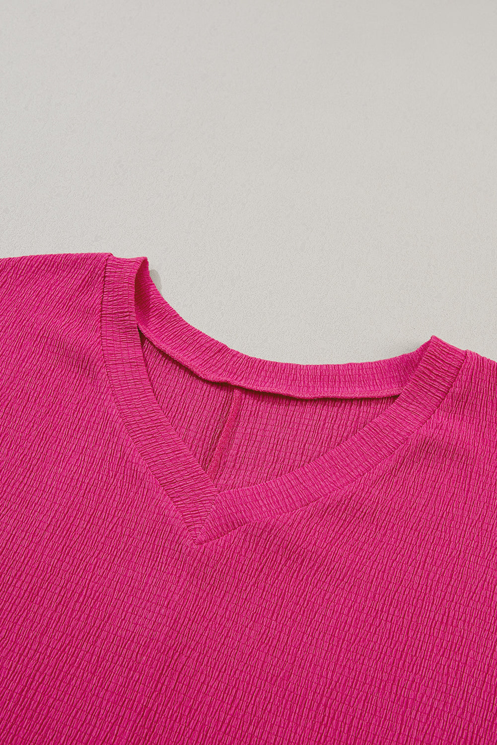 Bright Pink Crinkled V Neck Wide Sleeve T-shirt