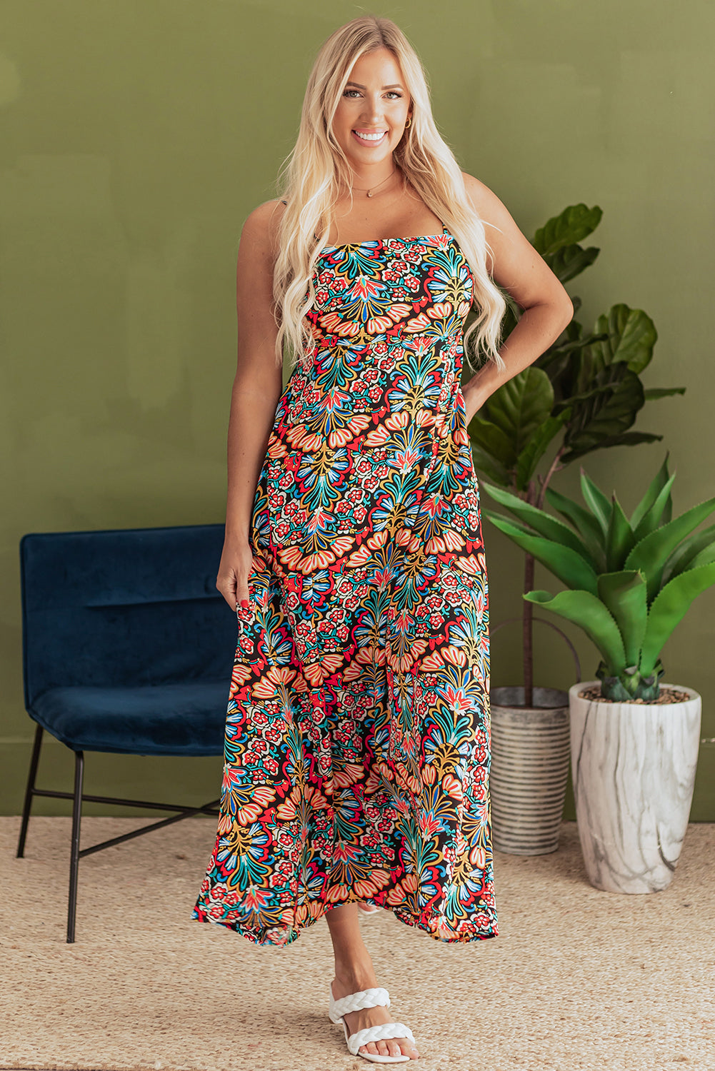 Zwarte boho bloemenprint dunne riemen mouwloze maxi -jurk met hoge taille