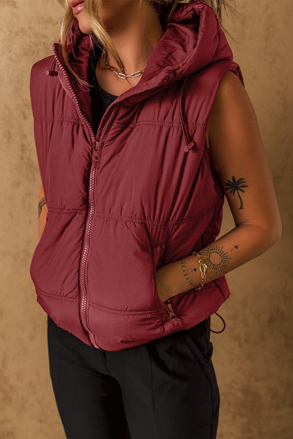 Klei Zip-up Zijzakken Capuchon Puffer Vest