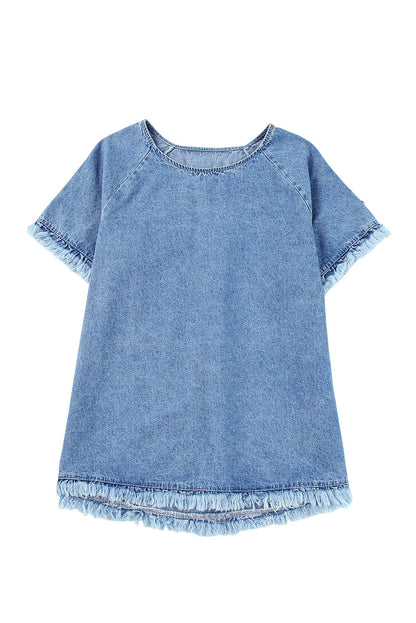 Hemelsblauwe denim top met ruwe rand