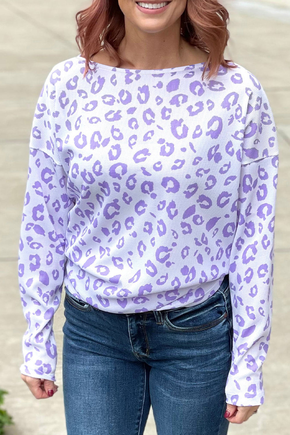 Purple Leopard Print Boat Neck Drop Shoulder Waffle Knit Plus Size Top