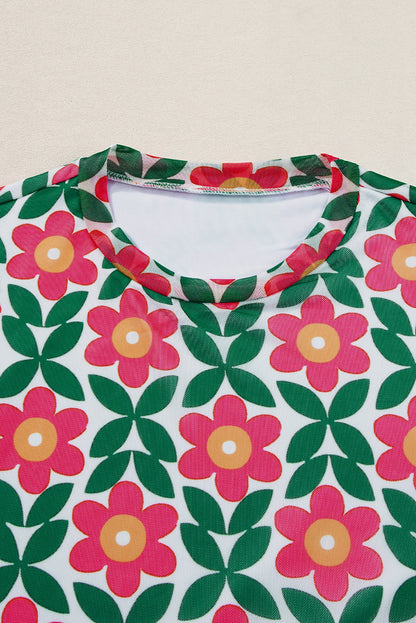 Vurig rood retro T-shirt met ronde hals en bloemenprint