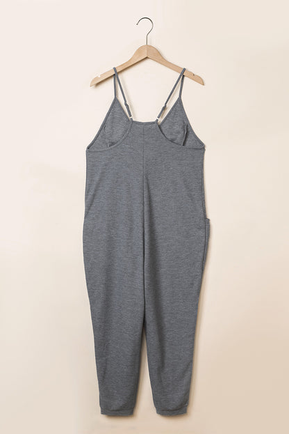 Grijze getextureerde mouwloze casual jumpsuit met V-hals en zakken