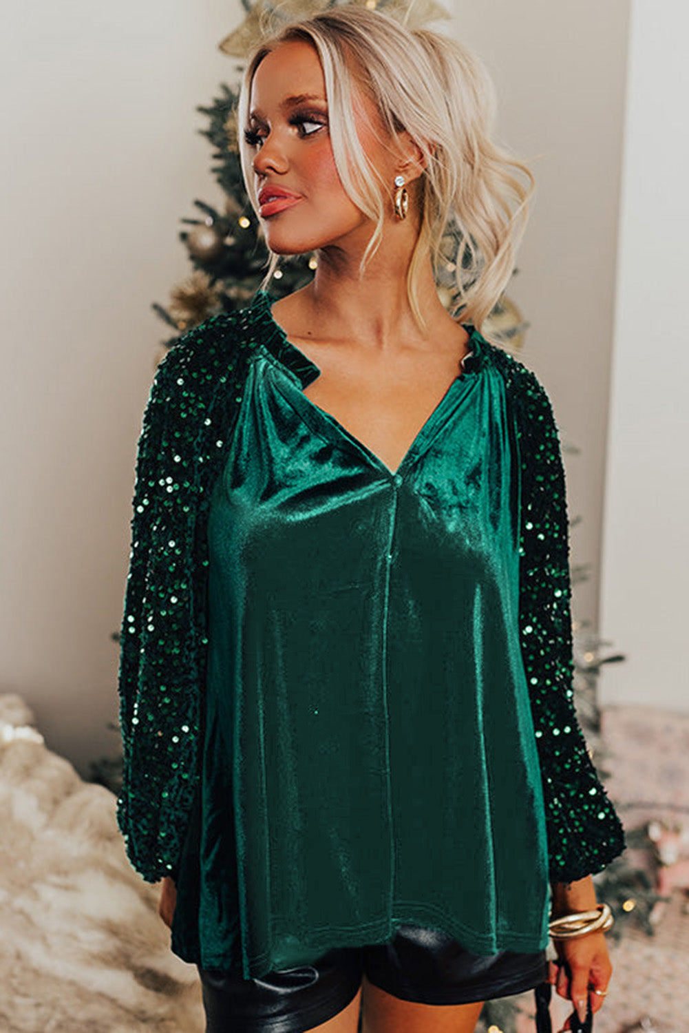 Evergreen Sequin Patchwork Mouw Knoopsluiting Fluwelen Top