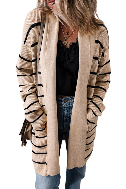 Black Stripe Shawl Neckline Open Cardigan with Pockets