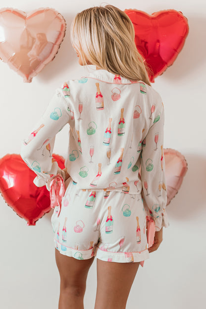 Witte kerstwijn glazen print boog knoop tweedelig pyjama set