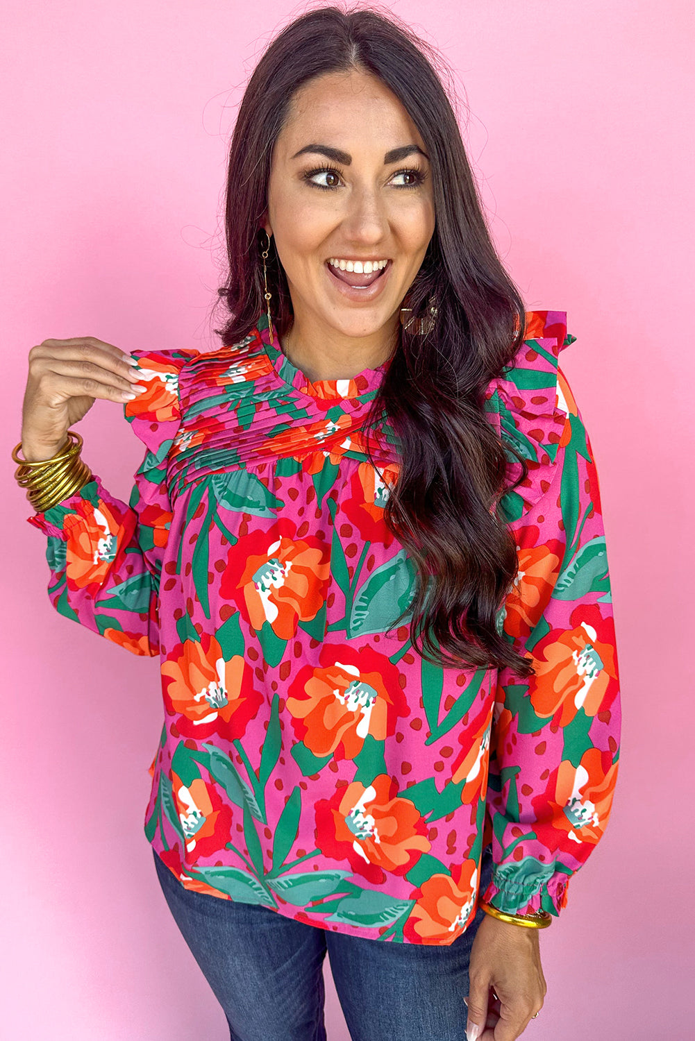 Roze bloemenprint geplooide ruches O-hals plus maat blouse