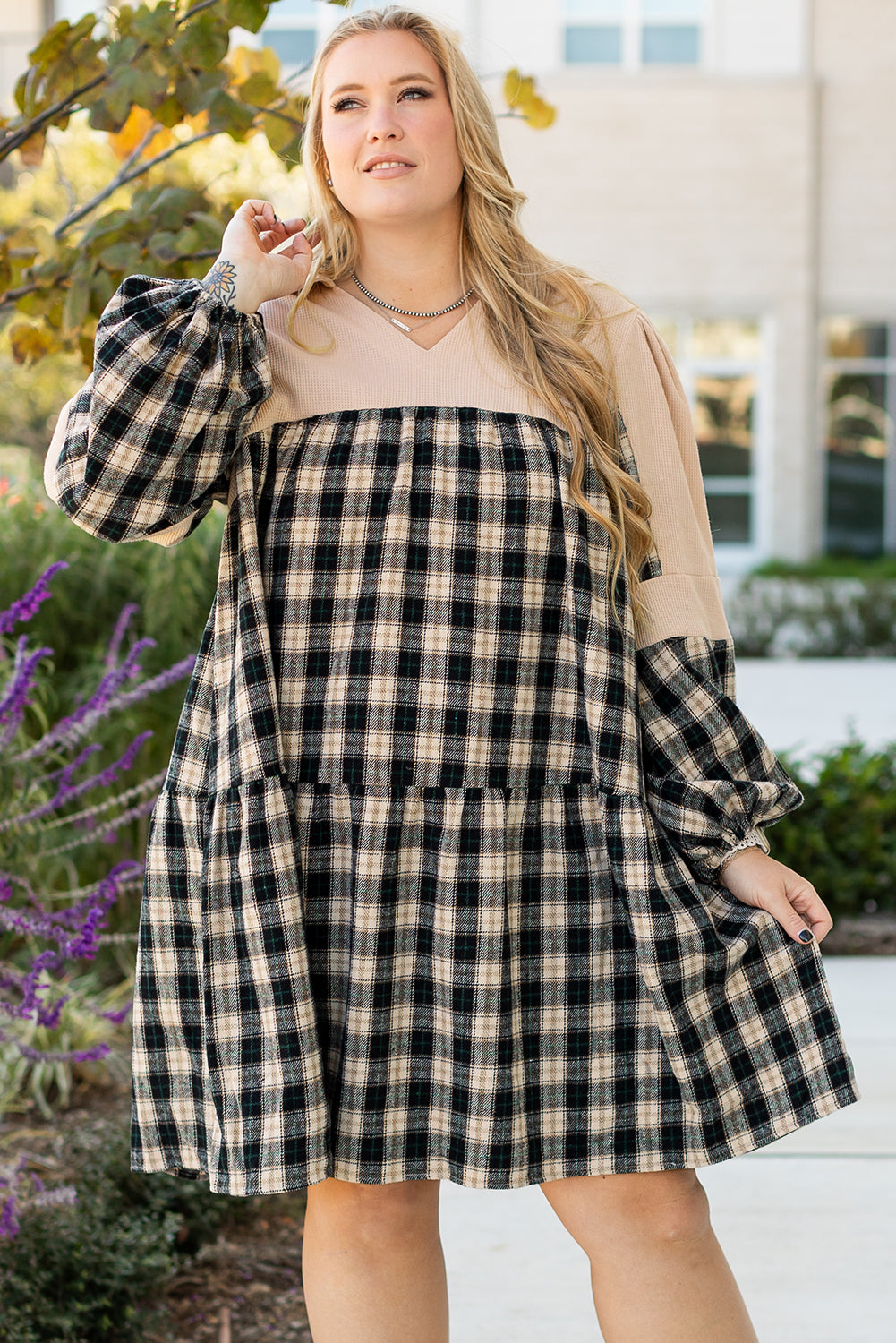 Zwart plaid wafel gebreide patchwork collared v nek plus size mini jurk