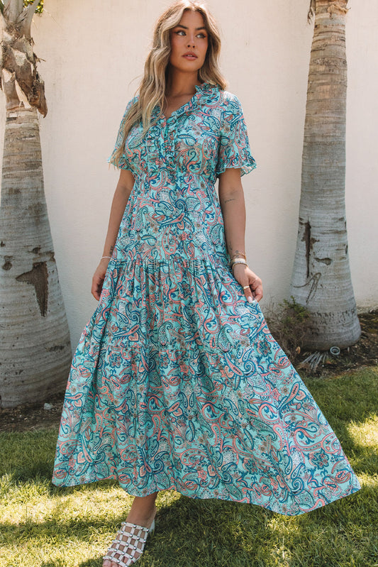 Hemelsblauwe paisley-print Boho Holiday gelaagde maxi-jurk met ruches