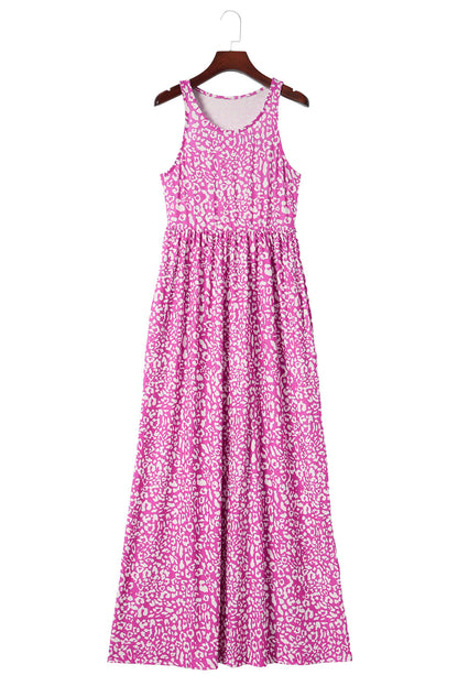 Mouwloze maxi-jurk met roze luipaardprint en zakken