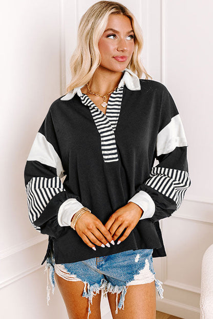 Donkerblauwe gestreepte colorblock patchwork kraag sweatshirt