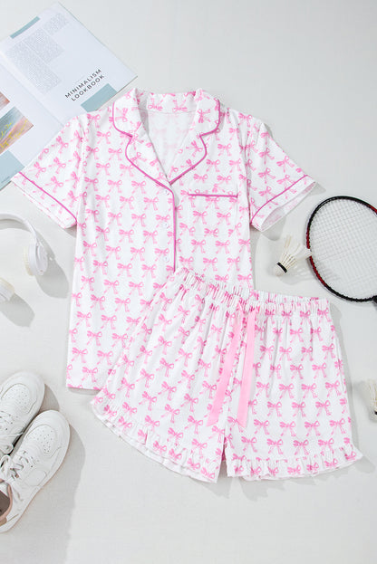 Roze bowknot bedrukte korte mouw en gegolfde shorts valentines pyjama set