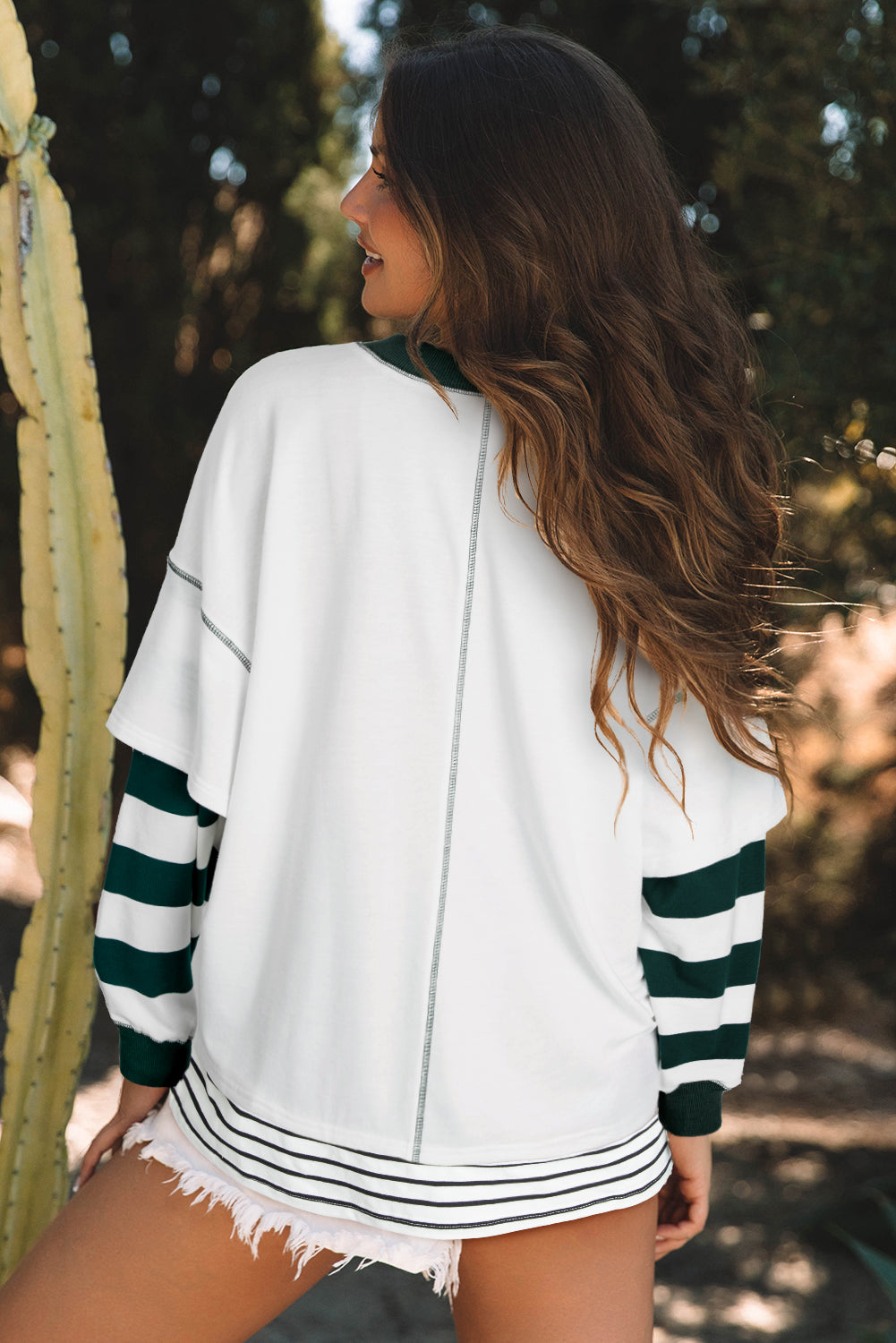 White Stripe Colorblock Sleeve Exposed Seam Fake-2-Piece Sweatshirt