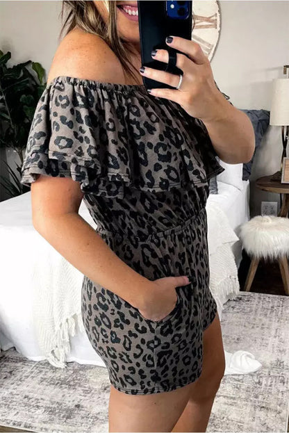 Leopard Off-Shoulder Romper with Pockets