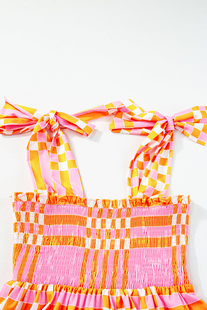 Roze Boho Gingham gebonden bandjes gesmokte maxi-jurk