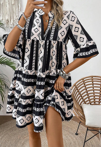 Blue Geometric Print V Neck Ruffled Dress