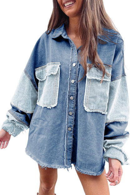 Blauw kleurblok gerafeld oversized denim jack met patchwork