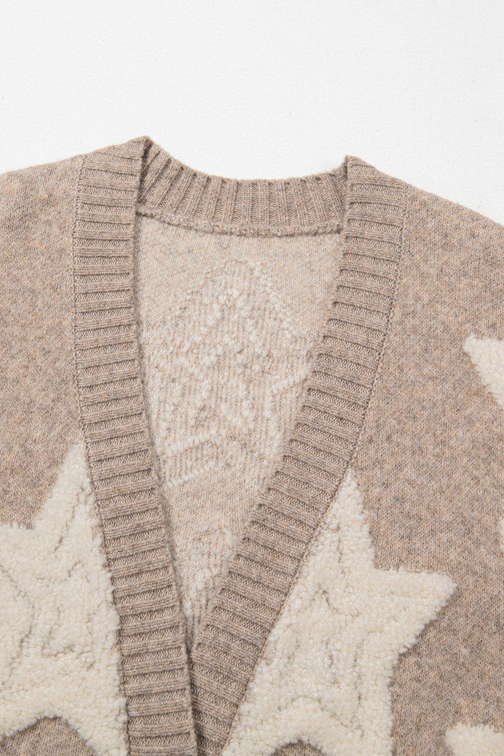 Khaki Sherpa Star Pattern Textured Sweater Cardigan with Pockets