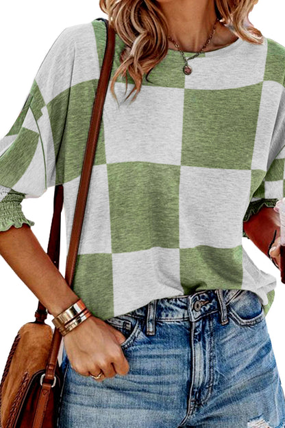 Grass Green Mix Checkered Print Shirred Cuffs Blouse