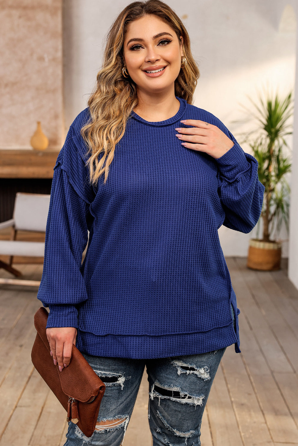 Blauw Grote maten wafelgebreide oversized top met zichtbare naden