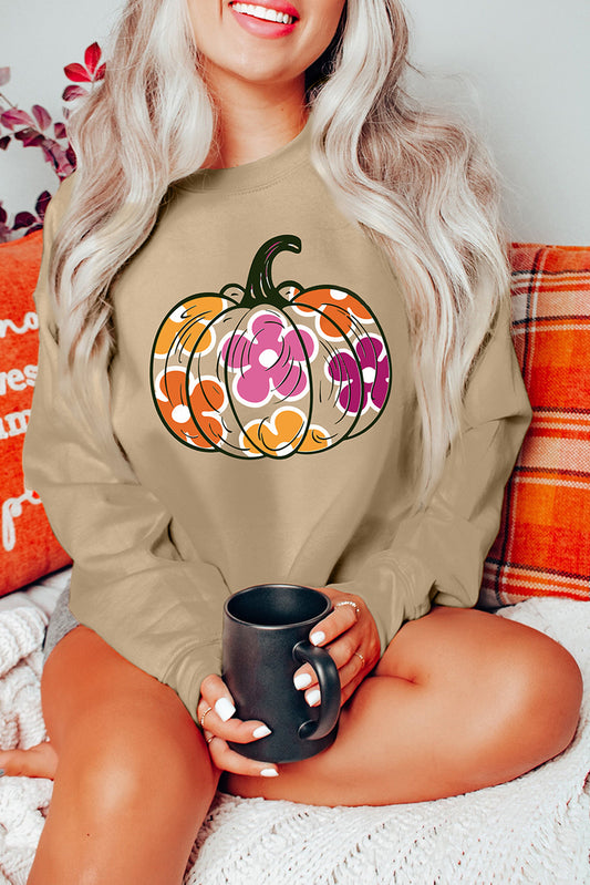 Khaki Halloween Floral Pumpkin Grafische Drop Schouder Sweatshirt